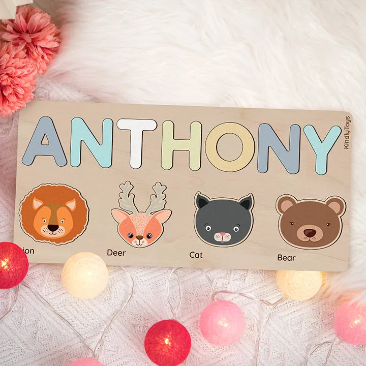 Animal Heads Personalized Name Puzzle - Wooden Montessori Toys, one year birthday present | KindlyToys