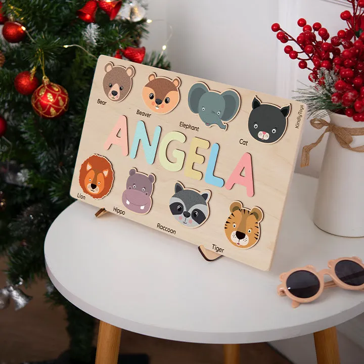 Animal Heads Personalized Name Puzzle - Wooden Montessori Toys, one year birthday present | KindlyToys