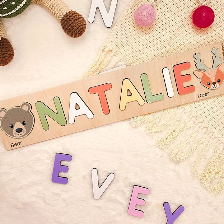 Animal Heads Personalized Name Puzzle - Wooden Montessori Toys, one year birthday present | KindlyToys