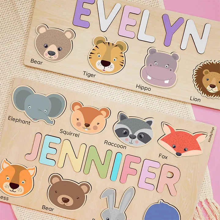 Animal Heads Personalized Name Puzzle - Wooden Montessori Toys, one year birthday present | KindlyToys