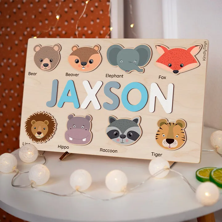 Animal Heads Personalized Name Puzzle - Wooden Montessori Toys, one year birthday present | KindlyToys