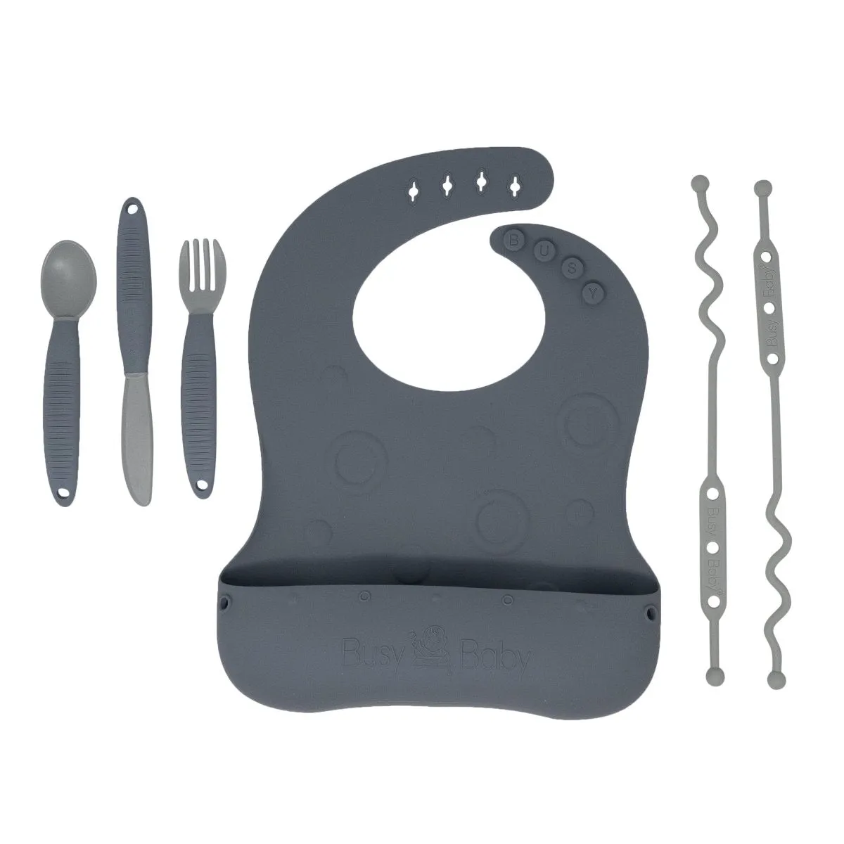 Busy Baby Bungee Bib & Utensils | Deluxe, No-Drop, On-The-Go, BLW Feeding System