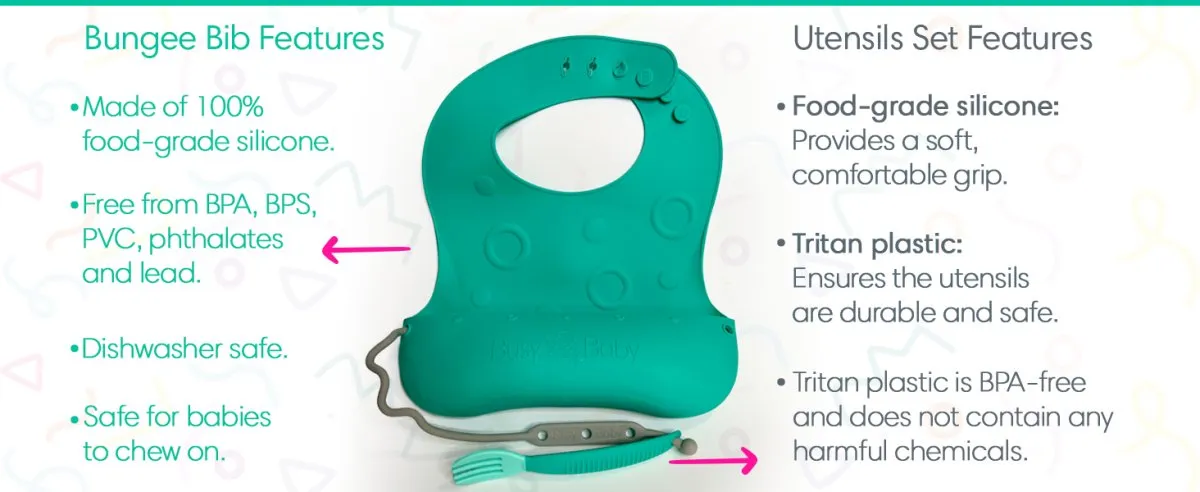 Busy Baby Bungee Bib & Utensils | Deluxe, No-Drop, On-The-Go, BLW Feeding System