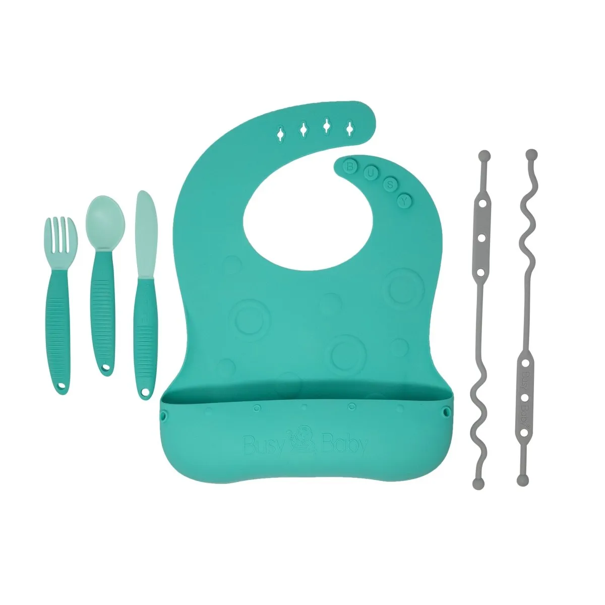 Busy Baby Bungee Bib & Utensils | Deluxe, No-Drop, On-The-Go, BLW Feeding System