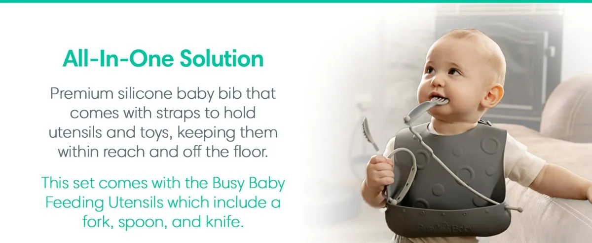 Busy Baby Bungee Bib & Utensils | Deluxe, No-Drop, On-The-Go, BLW Feeding System