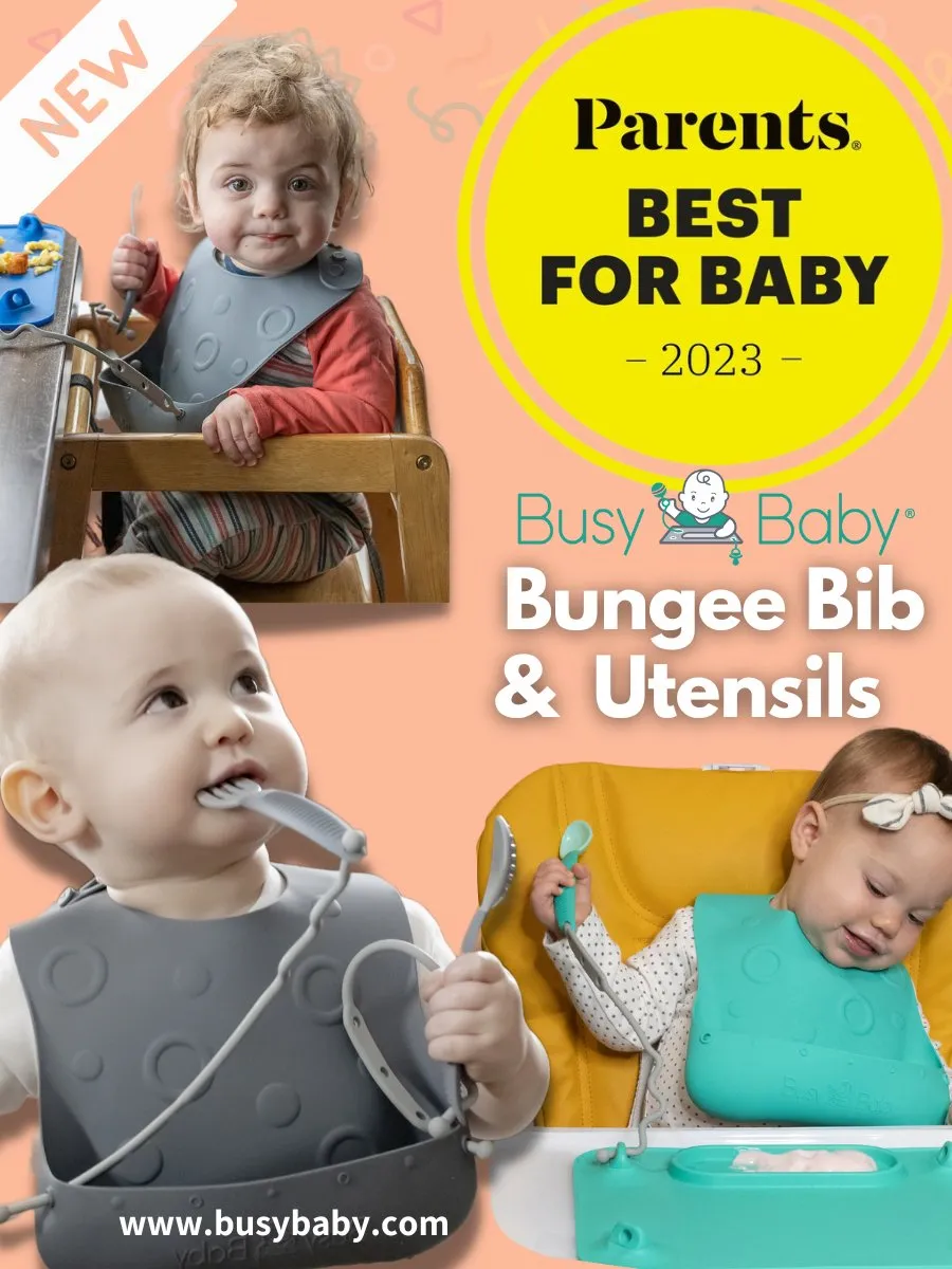 Busy Baby Bungee Bib & Utensils | Deluxe, No-Drop, On-The-Go, BLW Feeding System