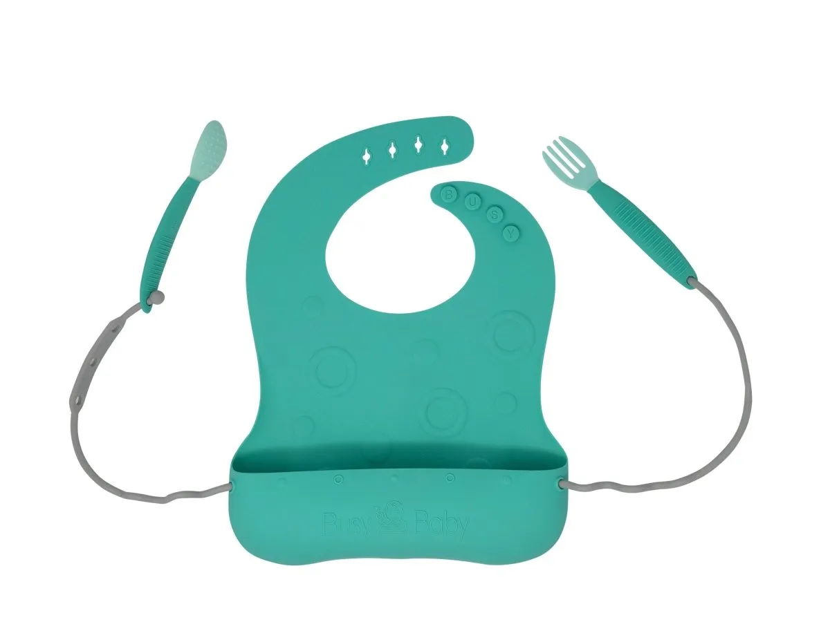 Busy Baby Bungee Bib & Utensils | Deluxe, No-Drop, On-The-Go, BLW Feeding System