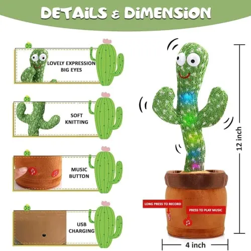 VEBETO Dancing Cactus Toy for Kids (1 Year Extended Warranty) Talking Singing Children Baby Plush Electronic Toys Voice Recording Repeats What You Say LED Lights