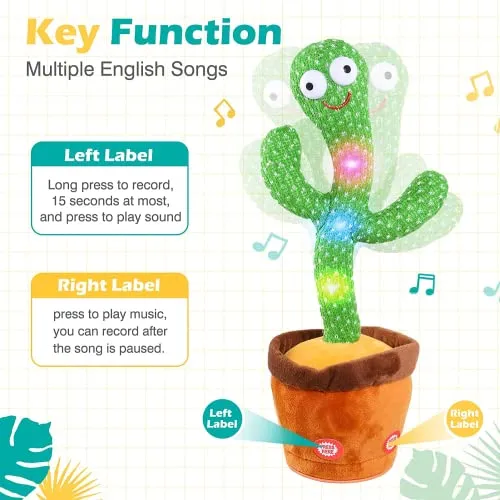 VEBETO Dancing Cactus Toy for Kids (1 Year Extended Warranty) Talking Singing Children Baby Plush Electronic Toys Voice Recording Repeats What You Say LED Lights