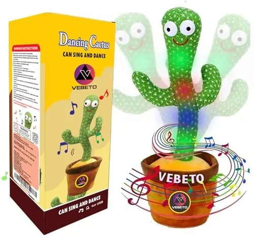 VEBETO Dancing Cactus Toy for Kids (1 Year Extended Warranty) Talking Singing Children Baby Plush Electronic Toys Voice Recording Repeats What You Say LED Lights