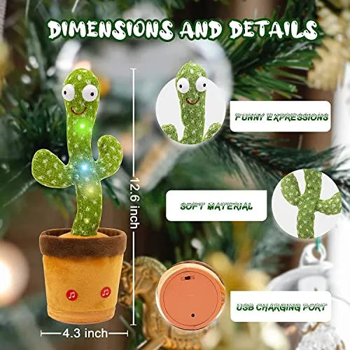 VEBETO Dancing Cactus Toy for Kids (1 Year Extended Warranty) Talking Singing Children Baby Plush Electronic Toys Voice Recording Repeats What You Say LED Lights