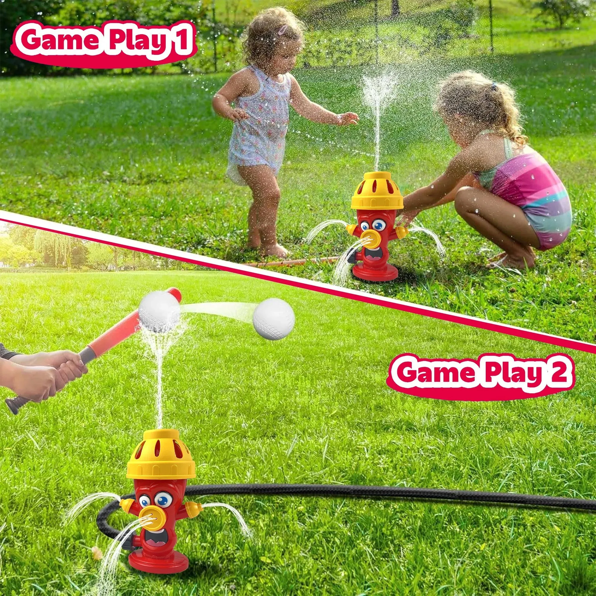 Water Spray Sprinkler Toys with Baseball Play Set, Outdoor Summer Kids Toys Attaches to Garden Hose Backyard Splashing Toys for Boys Girls 3 