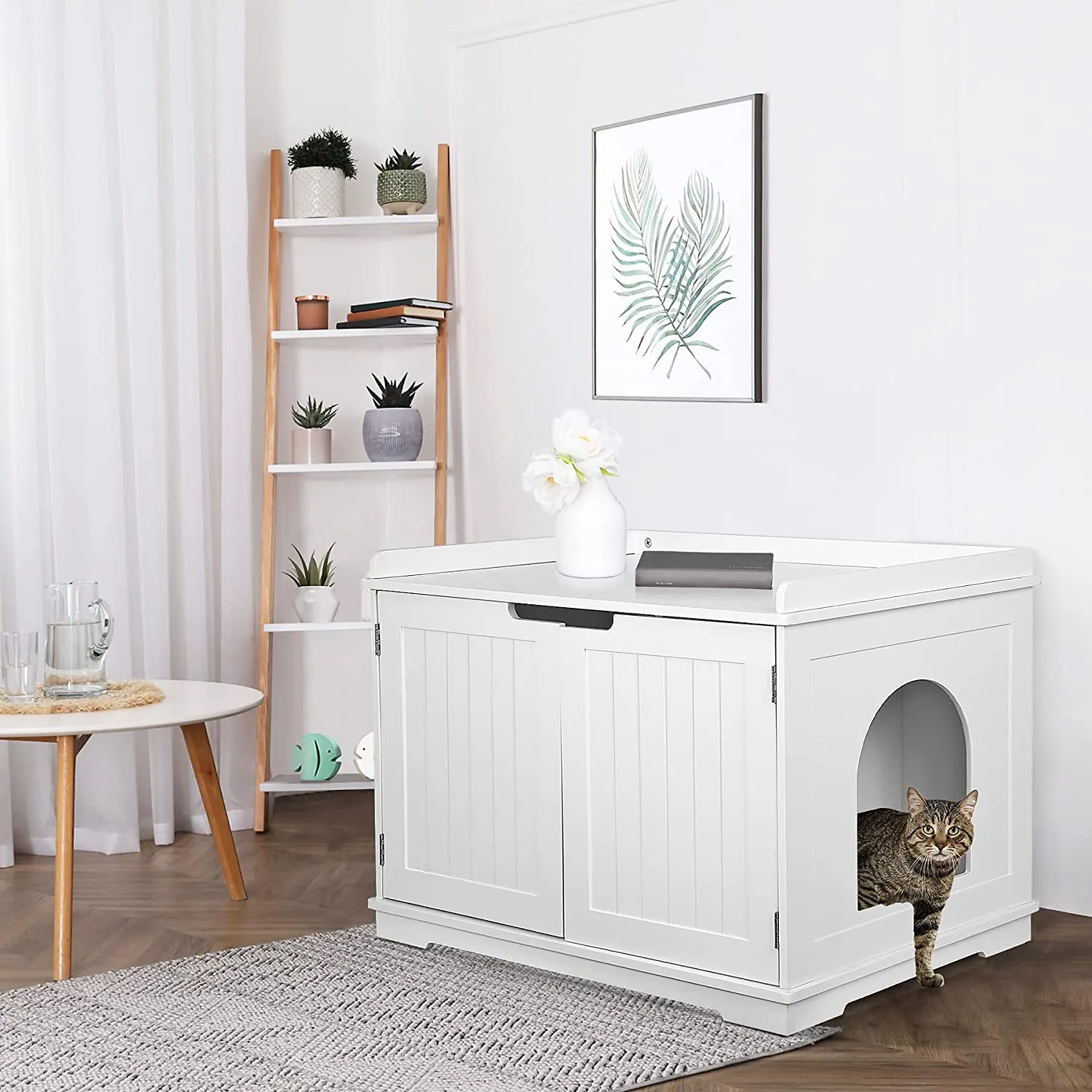 ZENY™ Cat Litter Box Enclosure, Cat Litter Box Furniture Hidden, Wooden Cat Litter Cabinet with Divider, Modern Cat Washroom Storage Bench