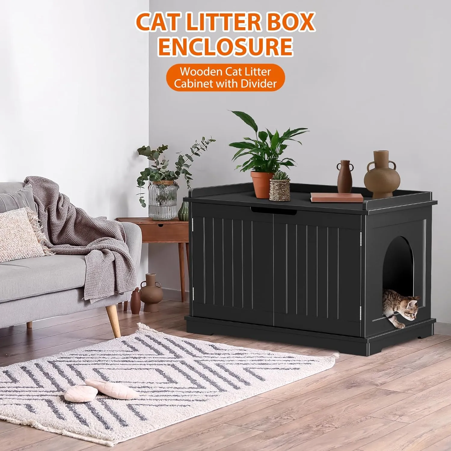 ZENY™ Cat Litter Box Enclosure, Cat Litter Box Furniture Hidden, Wooden Cat Litter Cabinet with Divider, Modern Cat Washroom Storage Bench